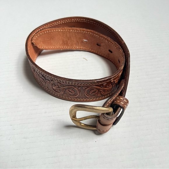 Western Genuine Tooled Rawhide Brown Belt "JOHN" Size 24 - Picture 1 of 9